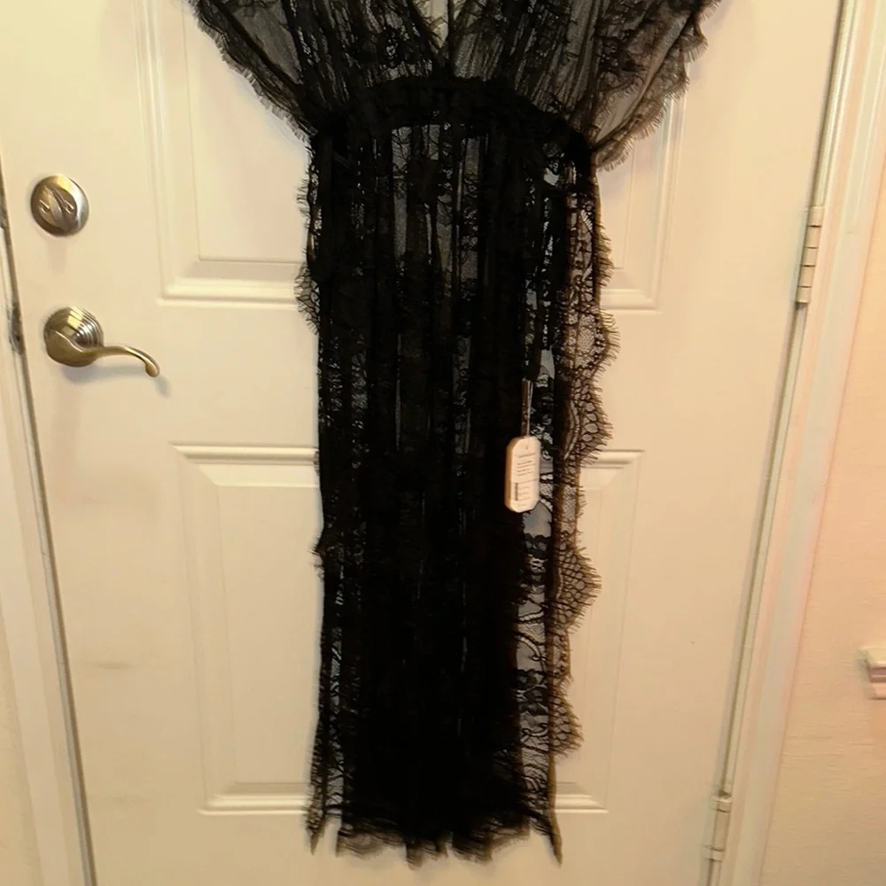 Vvbehot Sheer Black Lace Robe‎ with Deep V-Neck and Flowing Design